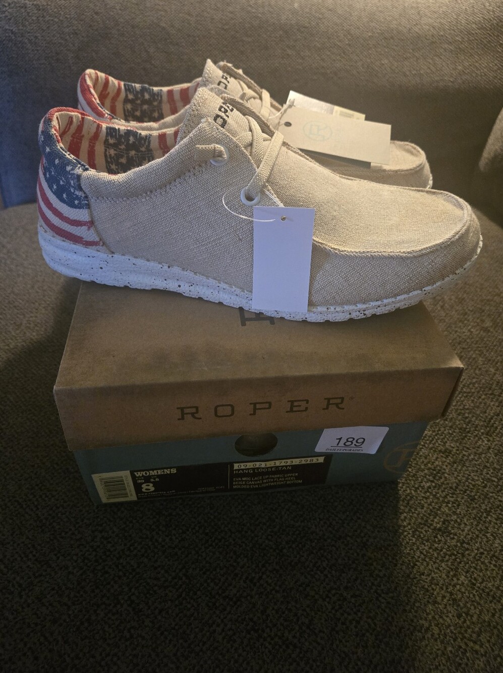 Roper Beige Canvas Slip-On Loafers with American Flag Heel - W8